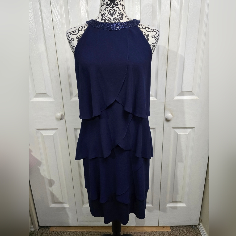 EUC Chaps Blue Tiered Sleeveless Sequin Halter Neckline Cocktail Dress